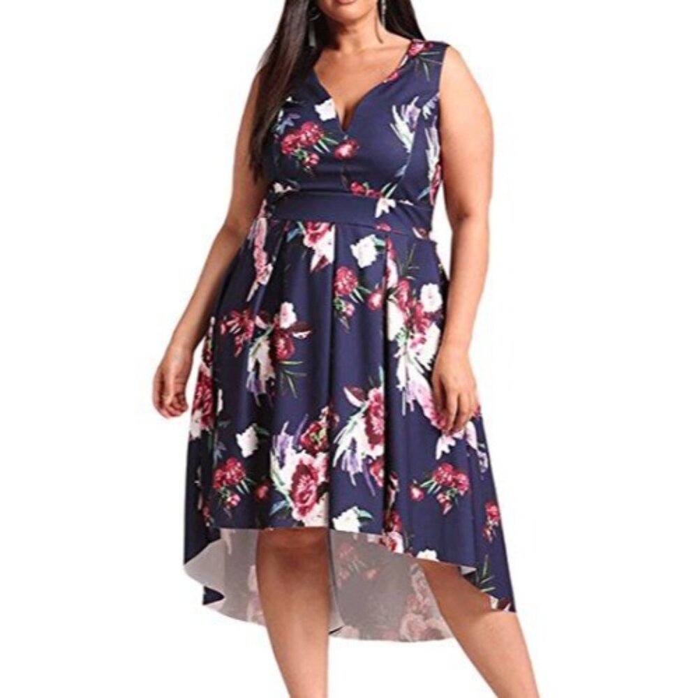 Sleeveless V-neck stretchy hi low floral dress Size 1X